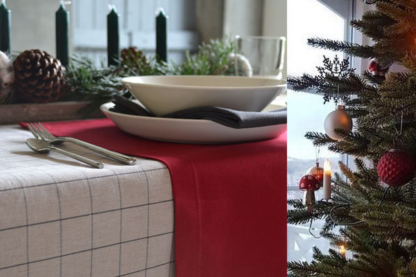 Christmas tablecloth natural linen with checks, Christmas red placemats