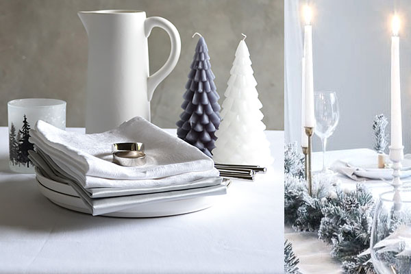 Christmas tablecloth damask uni white, silver serviettes